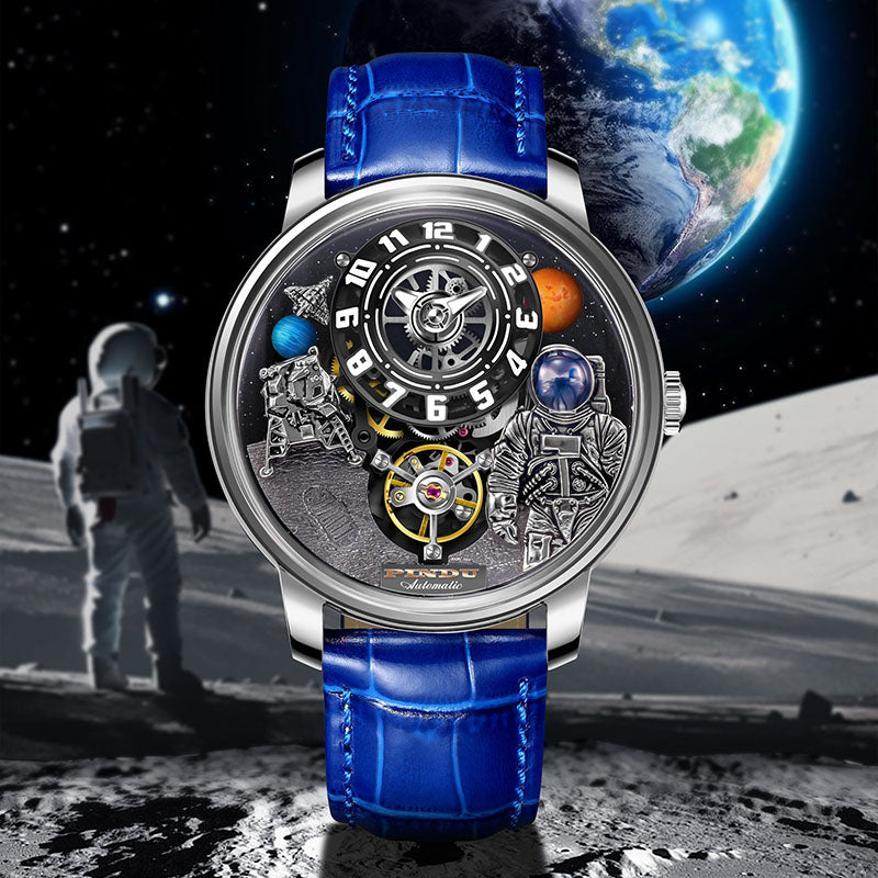 Relogio Masculino Prata Azul Mecanico PINDU Moon Phase 7