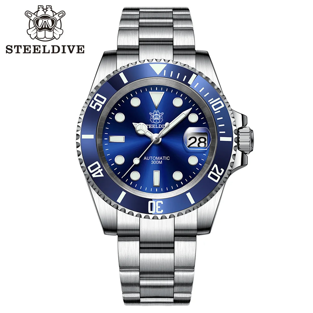 Relogio Masculino Prata Azul Mecanico STEELDIVE Submariner 1