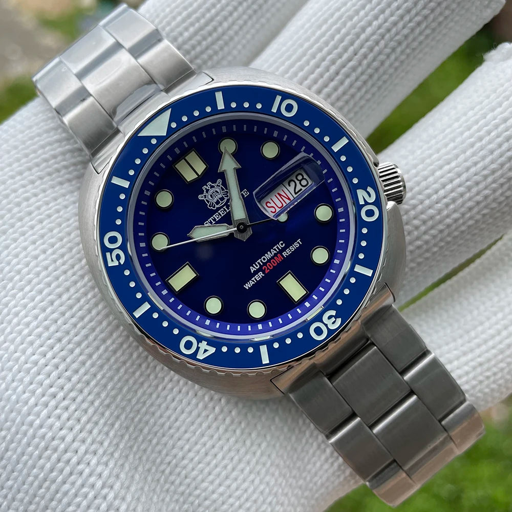 Relogio Masculino Prata Azul Mecanico STEELDIVE Turtle V2 3