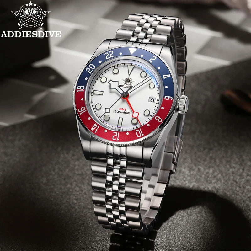 Relogio Masculino Prata Branco Quartzo ADDIESDIVE Pepsi GMT 4