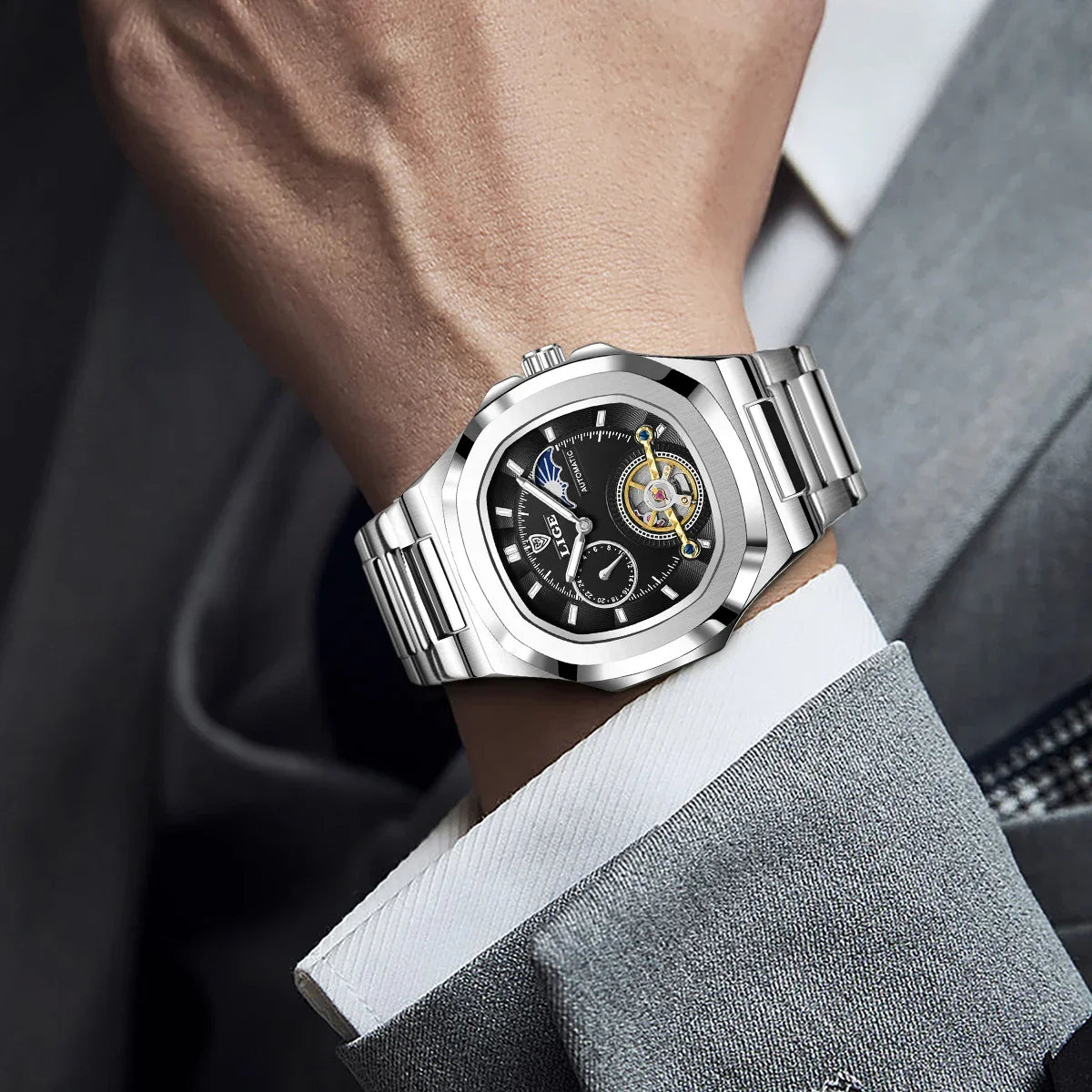 Relogio Masculino Prata Mecanico LIGE Tourbillon 2