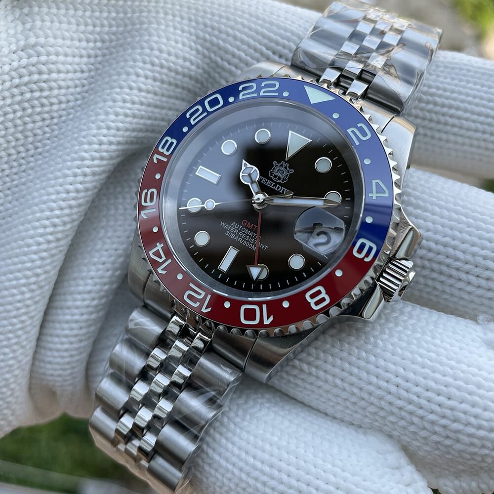 Relogio Masculino Prata Preto Mecanico STEELDIVE NH34 GMT 7