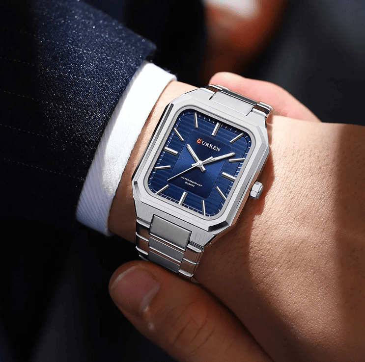 Relogio Masculino Prata Quadrado Azul Quartzo 8457 2