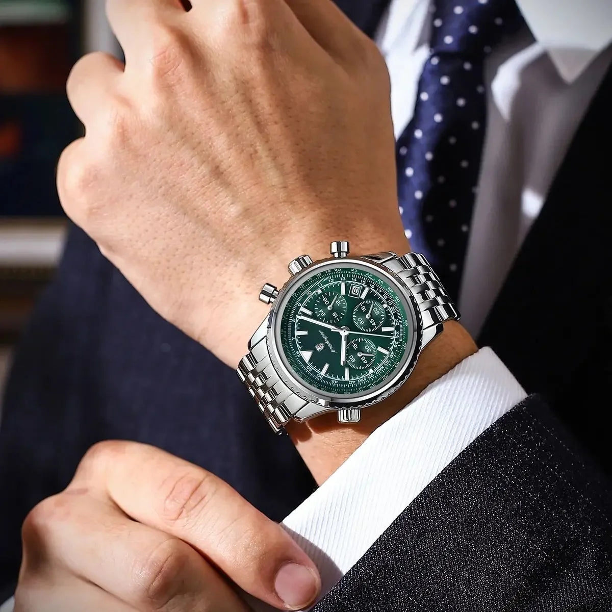 Relogio Masculino Prata Verde Cronografo POEDAGAR 960-3 2