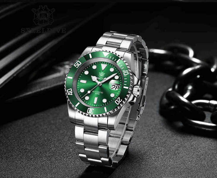 Relogio Masculino Prata Verde Mecanico STEELDIVE Submariner 4
