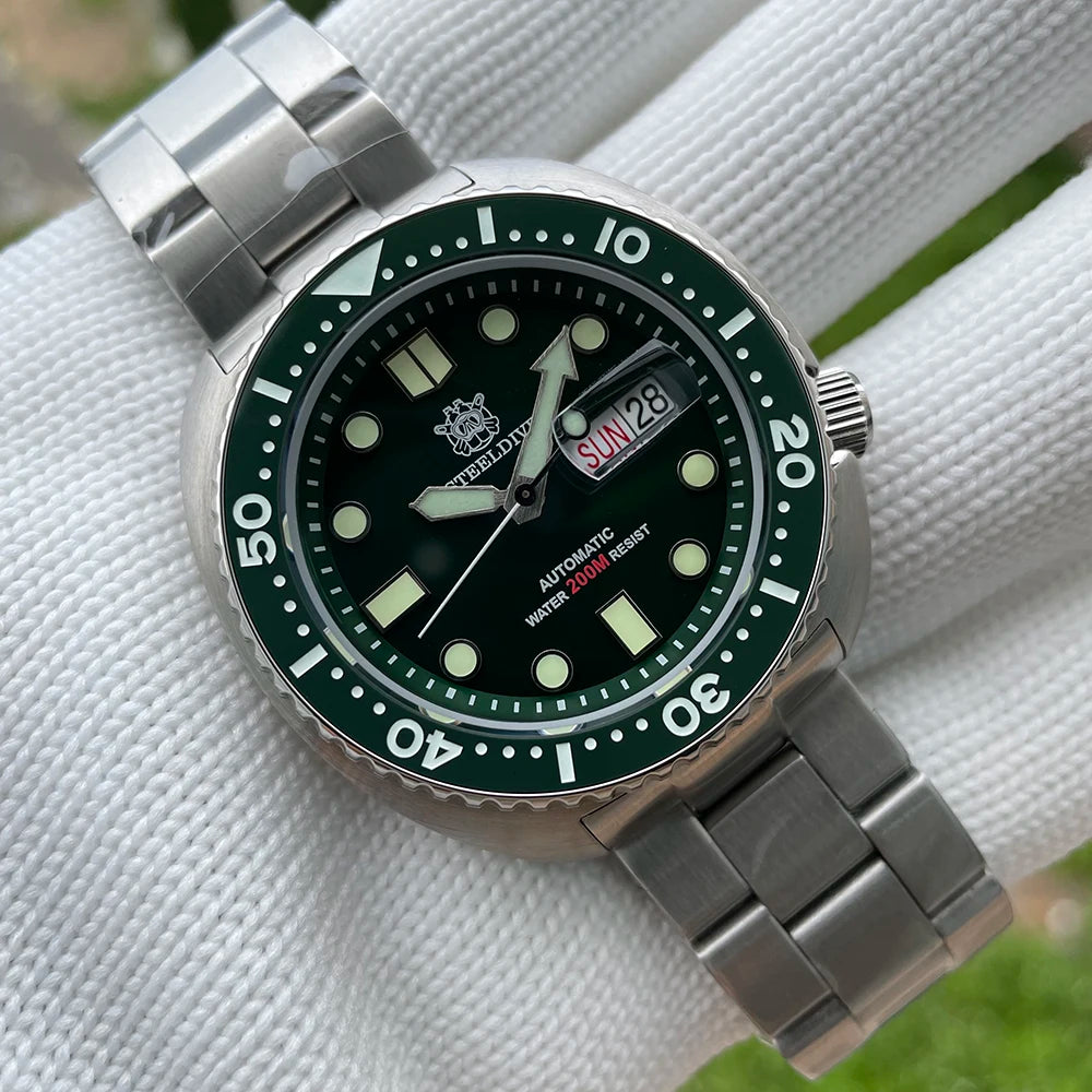 Relogio Masculino Prata Verde Mecanico STEELDIVE Turtle V2 3