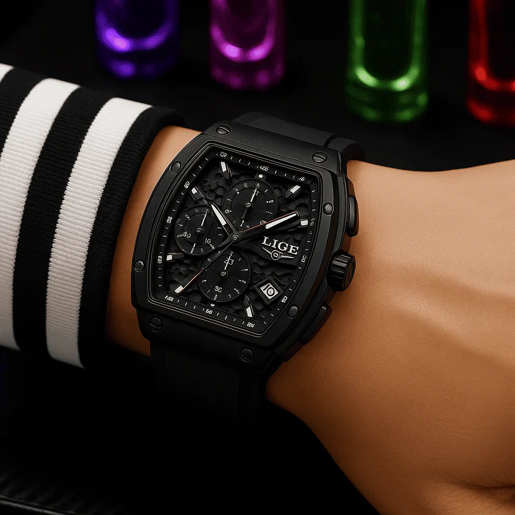 Relogio Masculino Preto Cronografo Tonneau 2