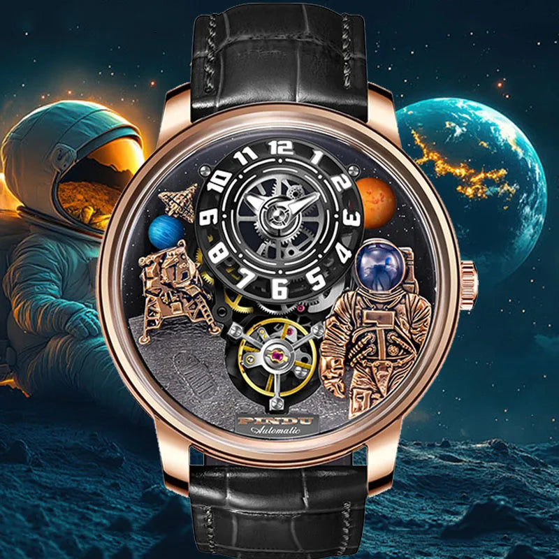 Relogio Masculino Preto Dourado Mecanico Moon Phase 2