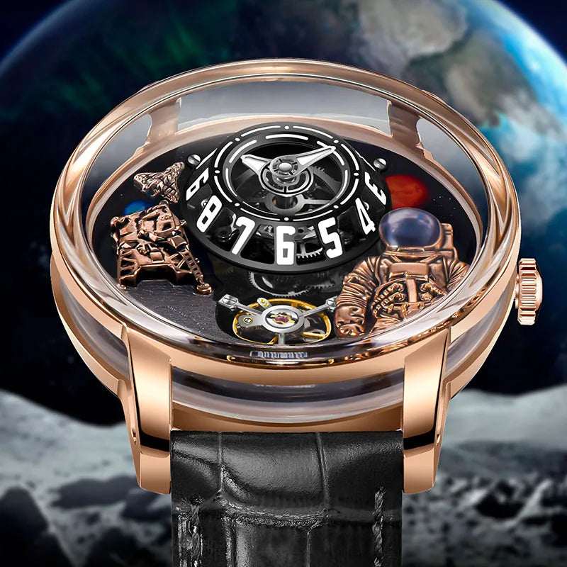 Relogio Masculino Preto Dourado Mecanico Moon Phase 3