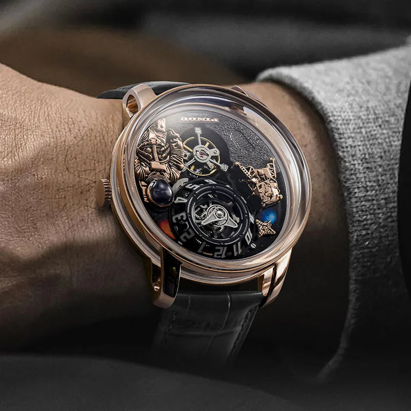 Relogio Masculino Preto Dourado Mecanico Moon Phase 5