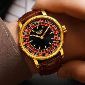 Relogio Masculino Pulseira de Couro Dourado Quartz LIGE Casino 2