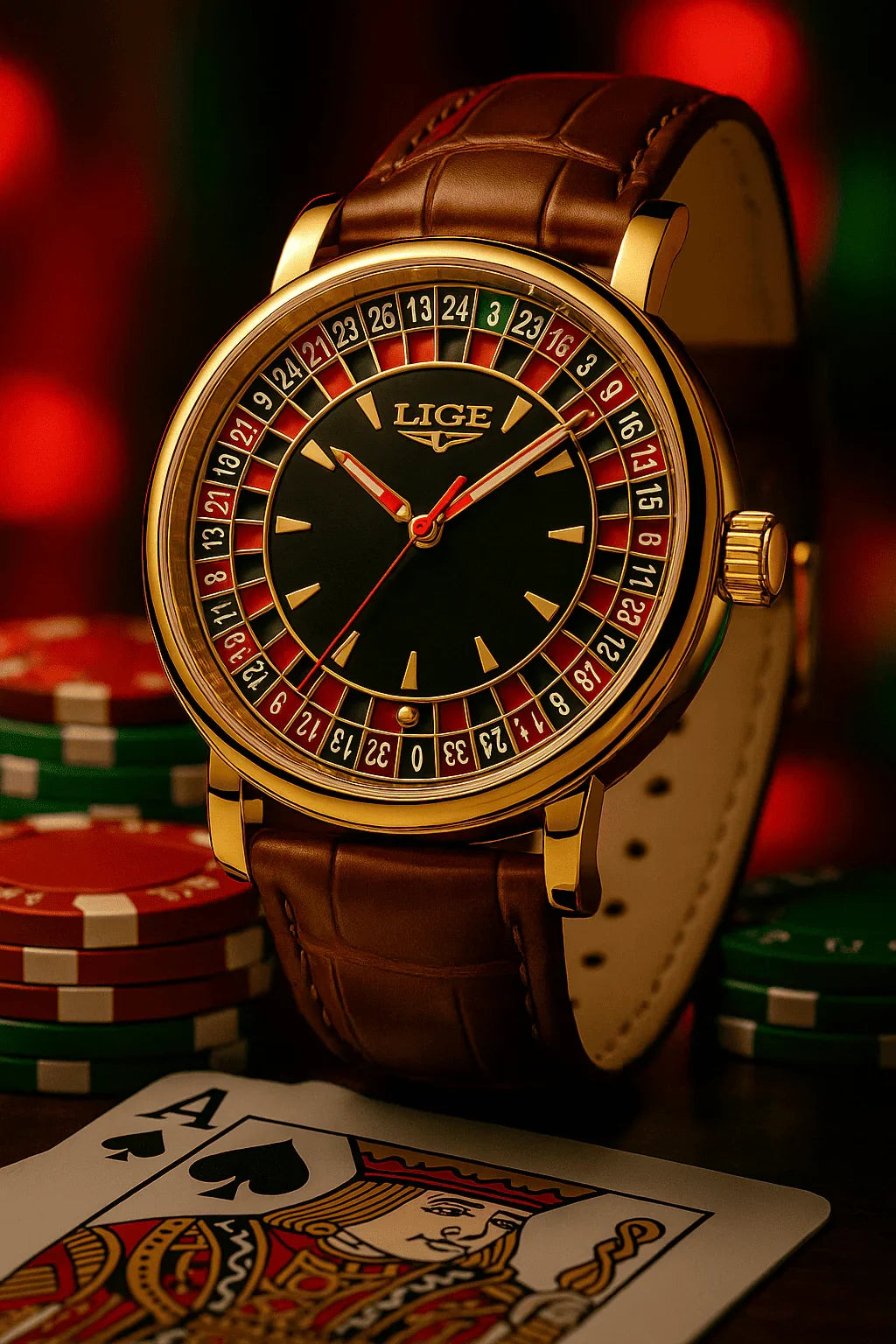 Relogio Masculino Pulseira de Couro Dourado Quartz LIGE Casino 3