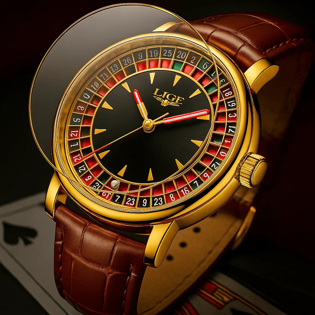 Relogio Masculino Pulseira de Couro Dourado Quartz LIGE Casino 4