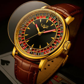 Relogio Masculino Pulseira de Couro Dourado Quartz LIGE Casino 4