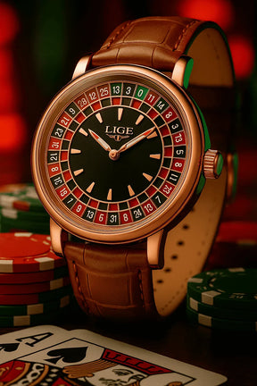 Relogio Masculino Pulseira de Couro Rose Quartz LIGE Casino 3