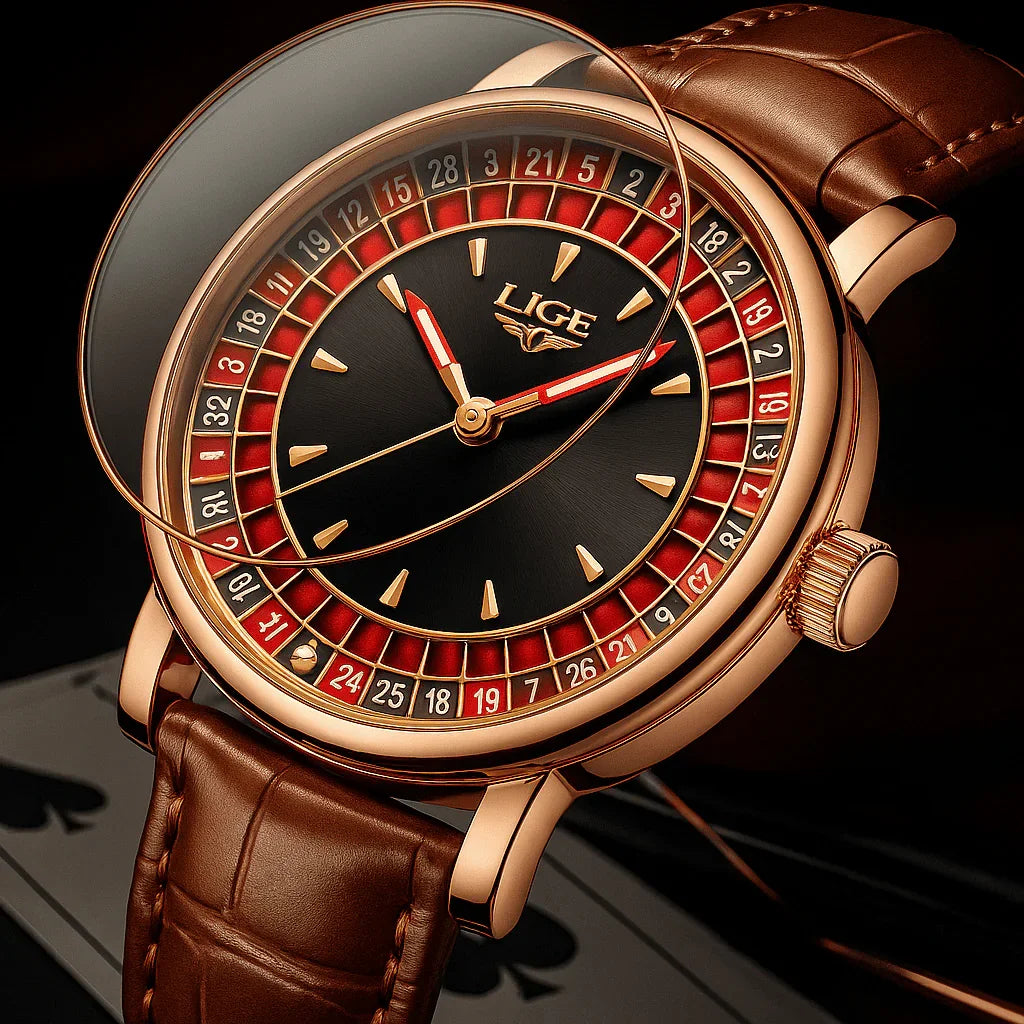 Relogio Masculino Pulseira de Couro Rose Quartz LIGE Casino 4