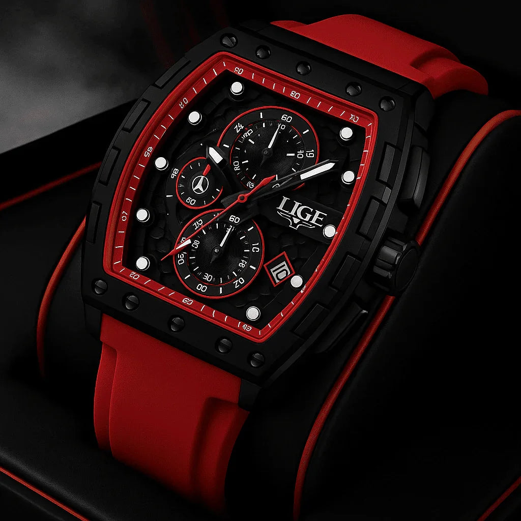 Relogio Masculino Vermelho Cronografo LIGE Tonneau 3