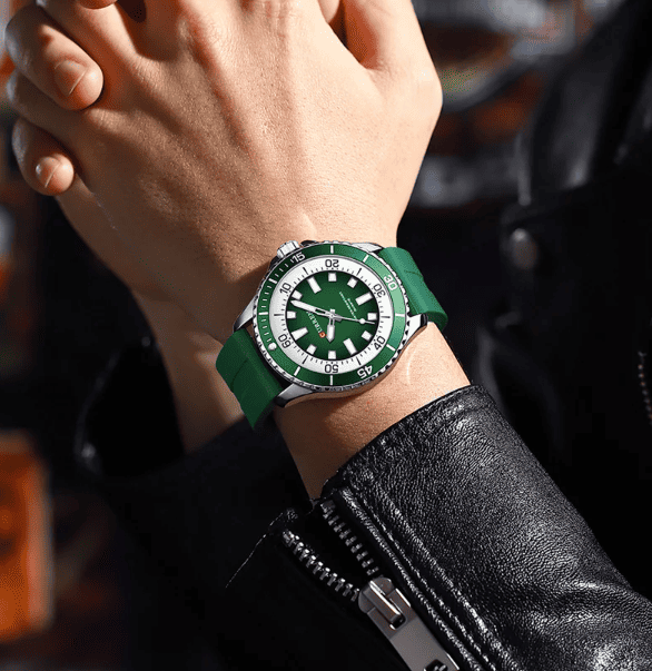 Relogio Masculino com Pulseira de Couro Verde Quartzo 2