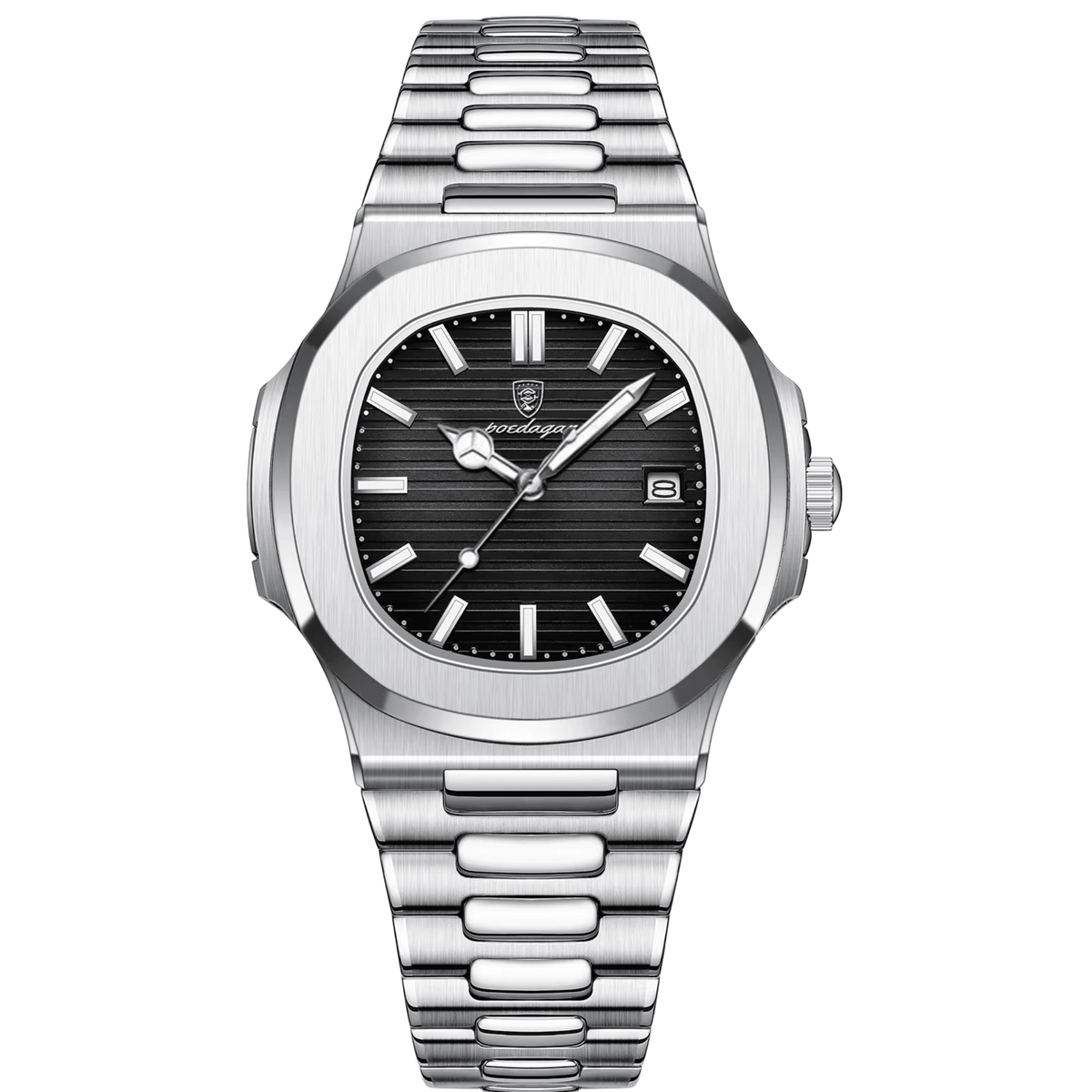 Relogio_Masculino_de_Luxo_Poedagar_Quartz_Deluxe_Preto_Vidro_Hardlex_Pulseira_Aco_Inox 2