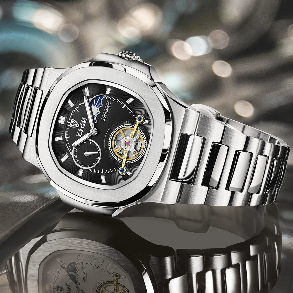 Relógio Mecânico LIGE Tourbillon Prateado 2