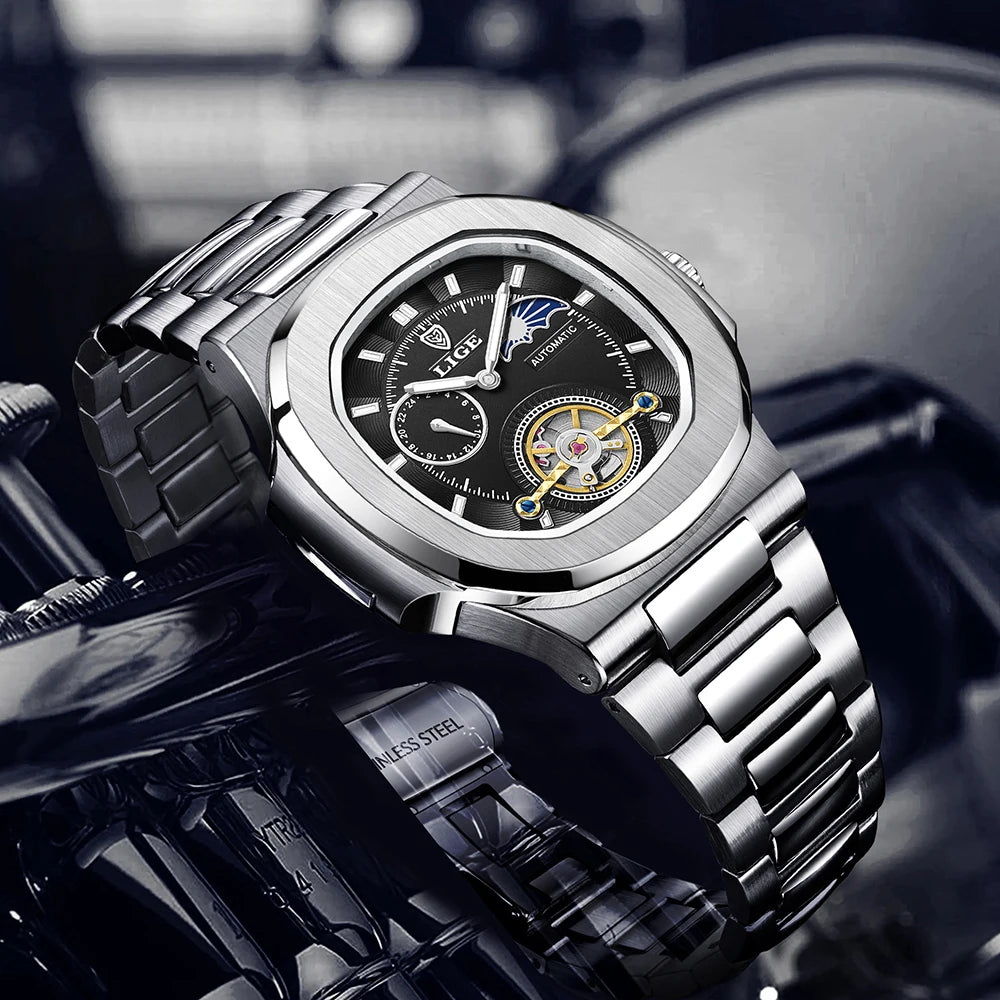 Relógio Mecânico LIGE Tourbillon Prateado 3
