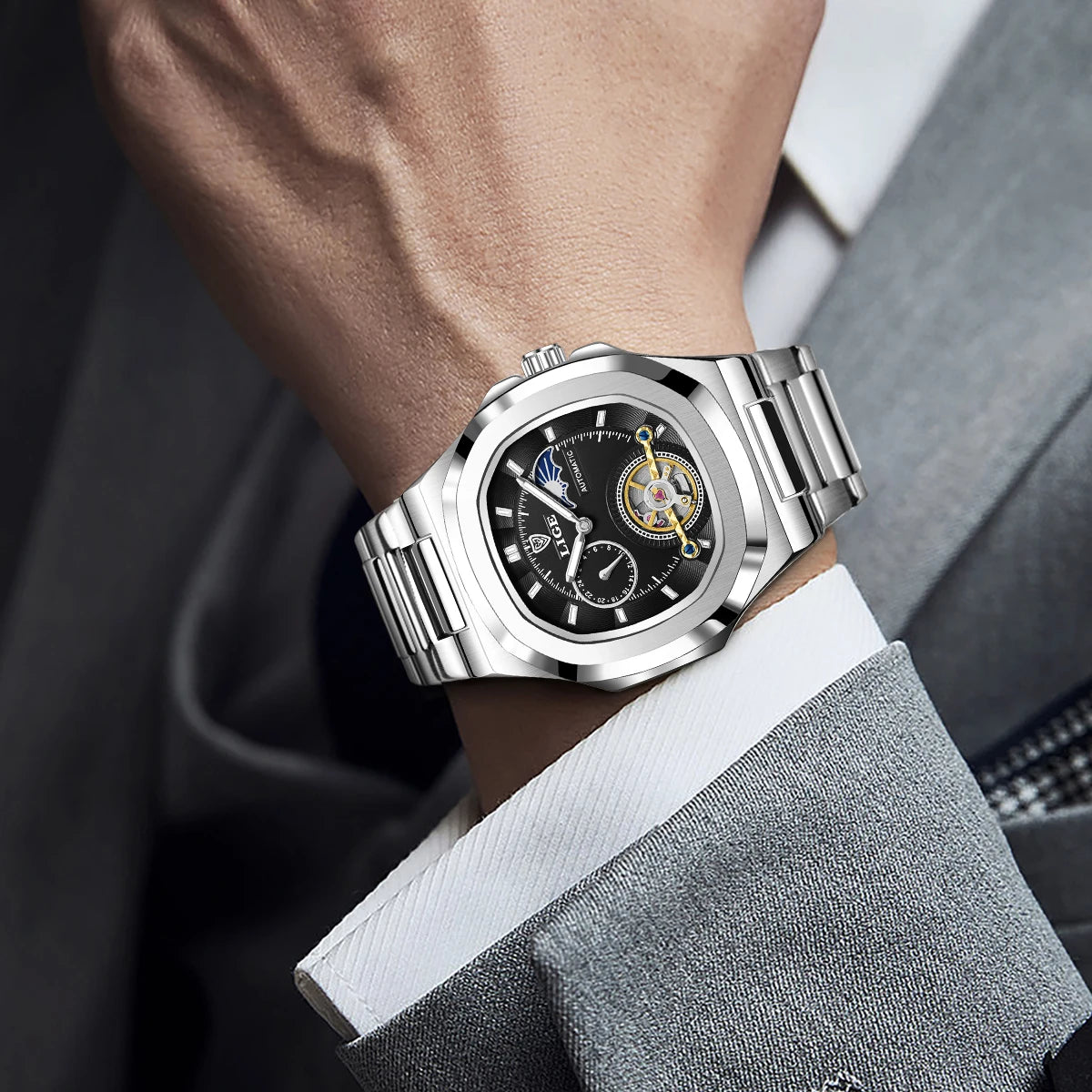 Relógio Mecânico LIGE Tourbillon Prateado 4