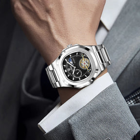 Relógio Mecânico LIGE Tourbillon Prateado 4