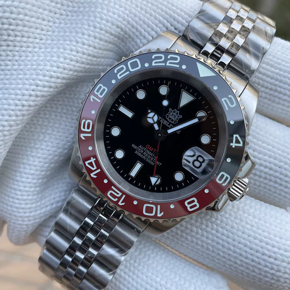 Relogio Mecanico Masculino GMT Watch V2 Black Red de frente 3