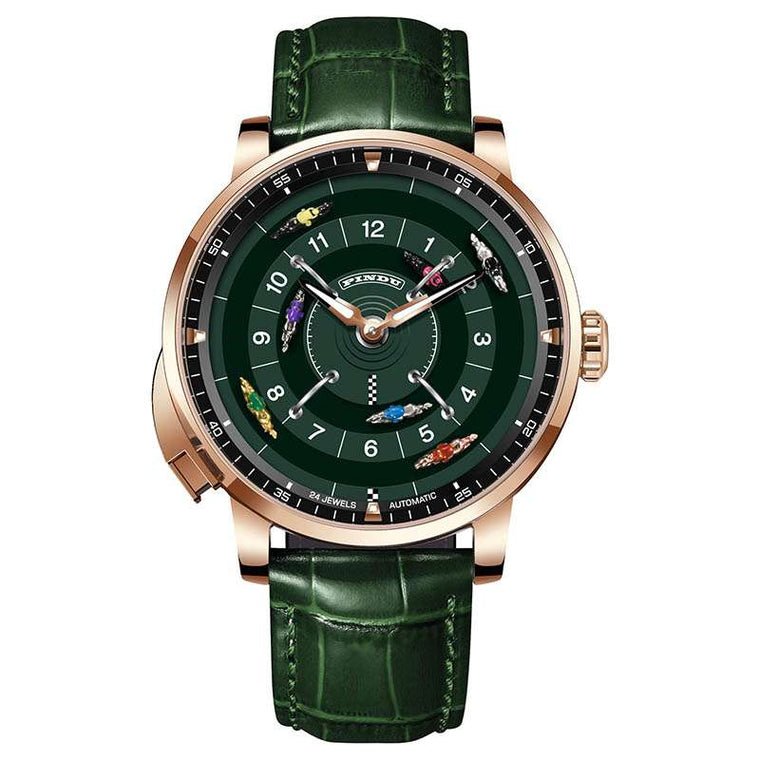 Relogio Mecanico Masculino Horse Racing Green Gold frente
