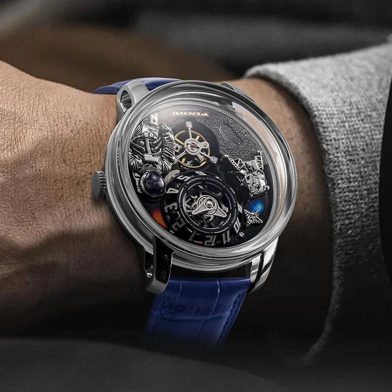 Relogio Mecanico Masculino Moon Phase Blue Silver no pulso 2