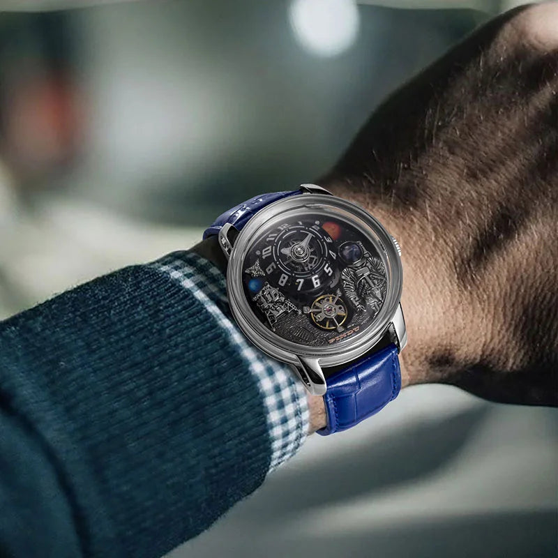 Relogio Mecanico Masculino Moon Phase Blue Silver no pulso