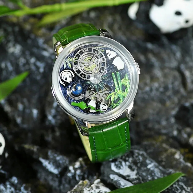 Relogio Mecanico Masculino Panda Green Silver frente 2