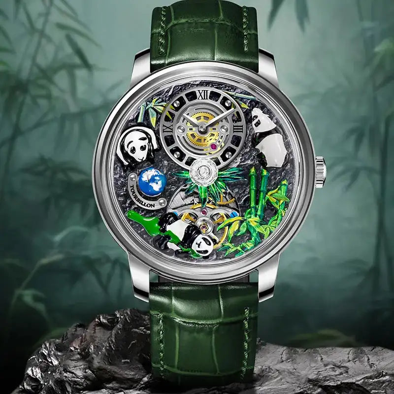 Relogio Mecanico Masculino Panda Green Silver frente 4