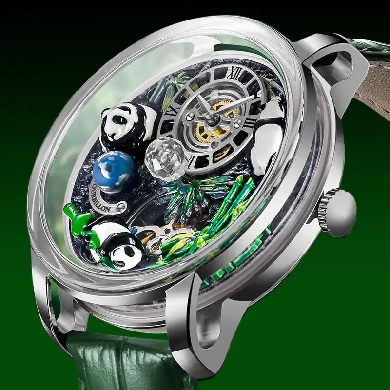 Relogio Mecanico Masculino Panda Green Silver frente 7