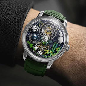 Relogio Mecanico Masculino Panda Green Silver no pulso