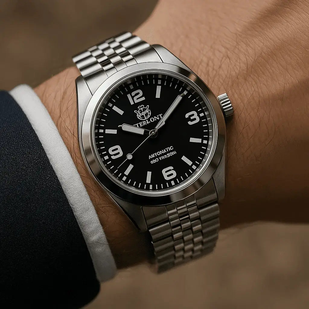 Relogio Mecanico Masculino Retro King Silver Black no pulso