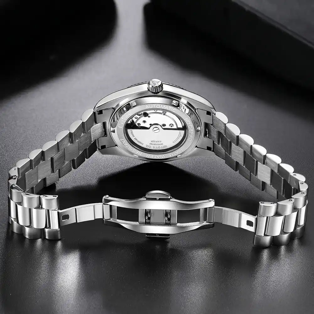 Relogio Mecanico Masculino Silver Emerald Leaf fundo