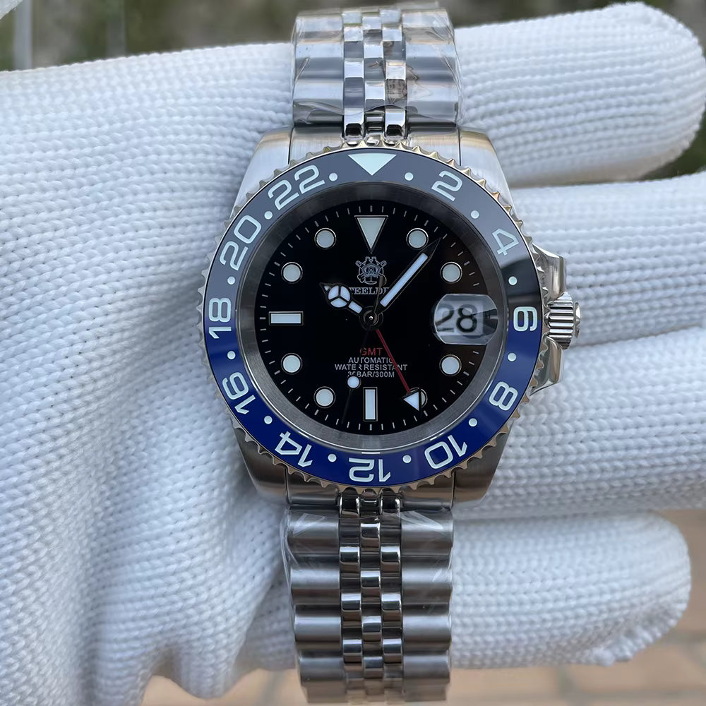 Relogio Mecanico Masculnio GMT Watch V2 Black Blue de frente 2