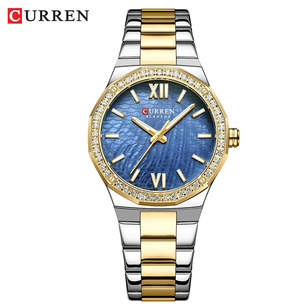 Relogio Quartz CURREN Feminino 9103 Blanche Gold Blue 1