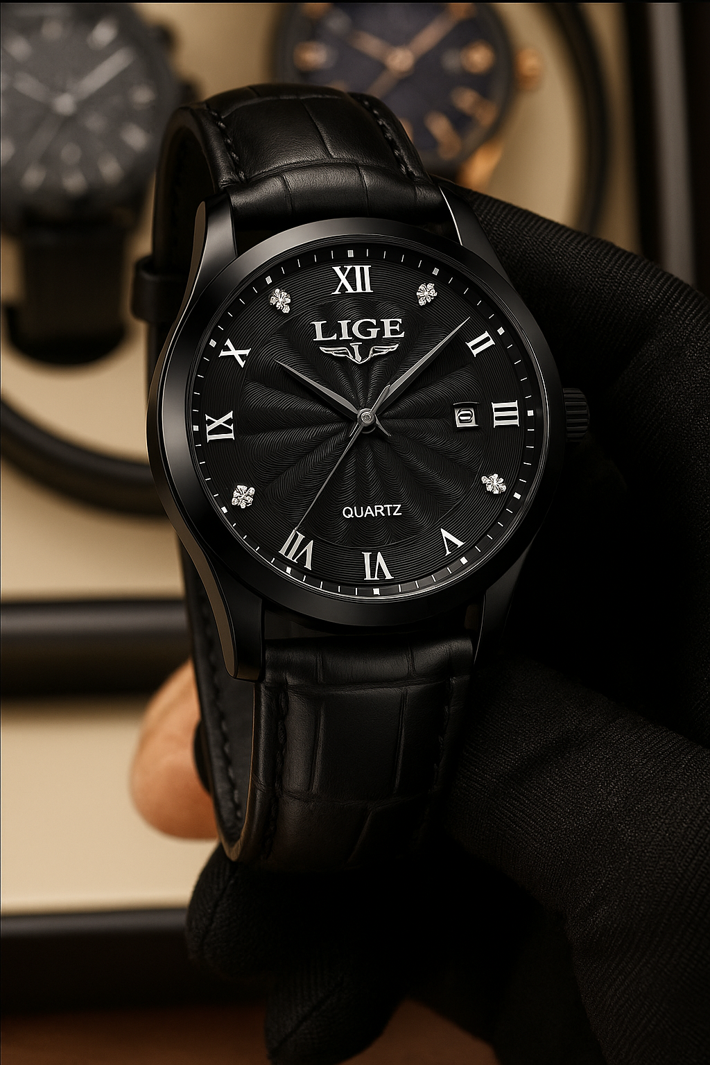 Relógio Quartz LIGE Luxo Preto 5
