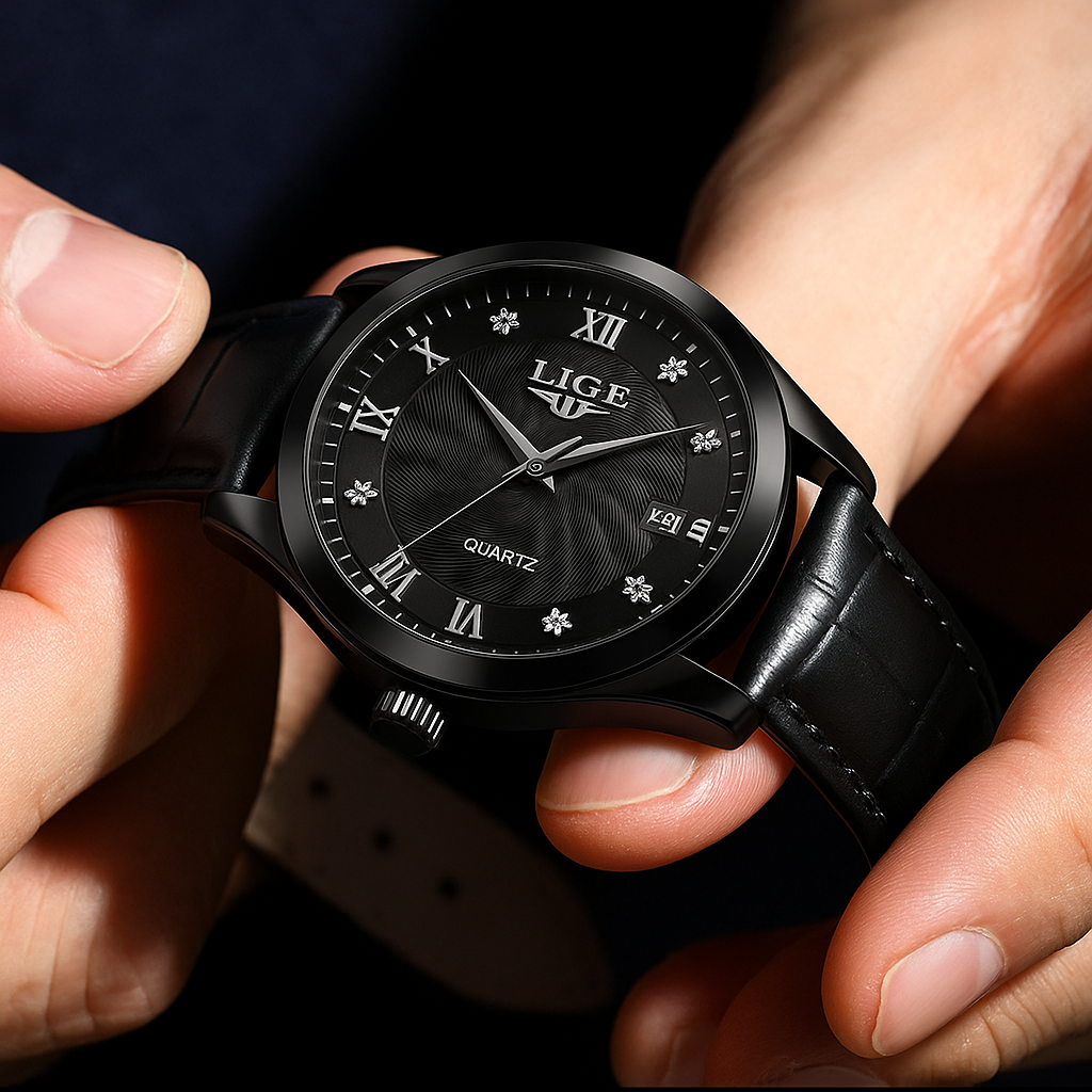 Relógio Quartz LIGE Luxo Preto 6