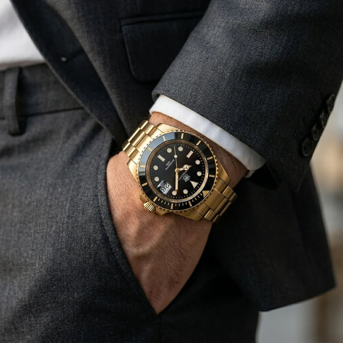 Relógio Automático Submariner Gold no pulso em uso masculino
